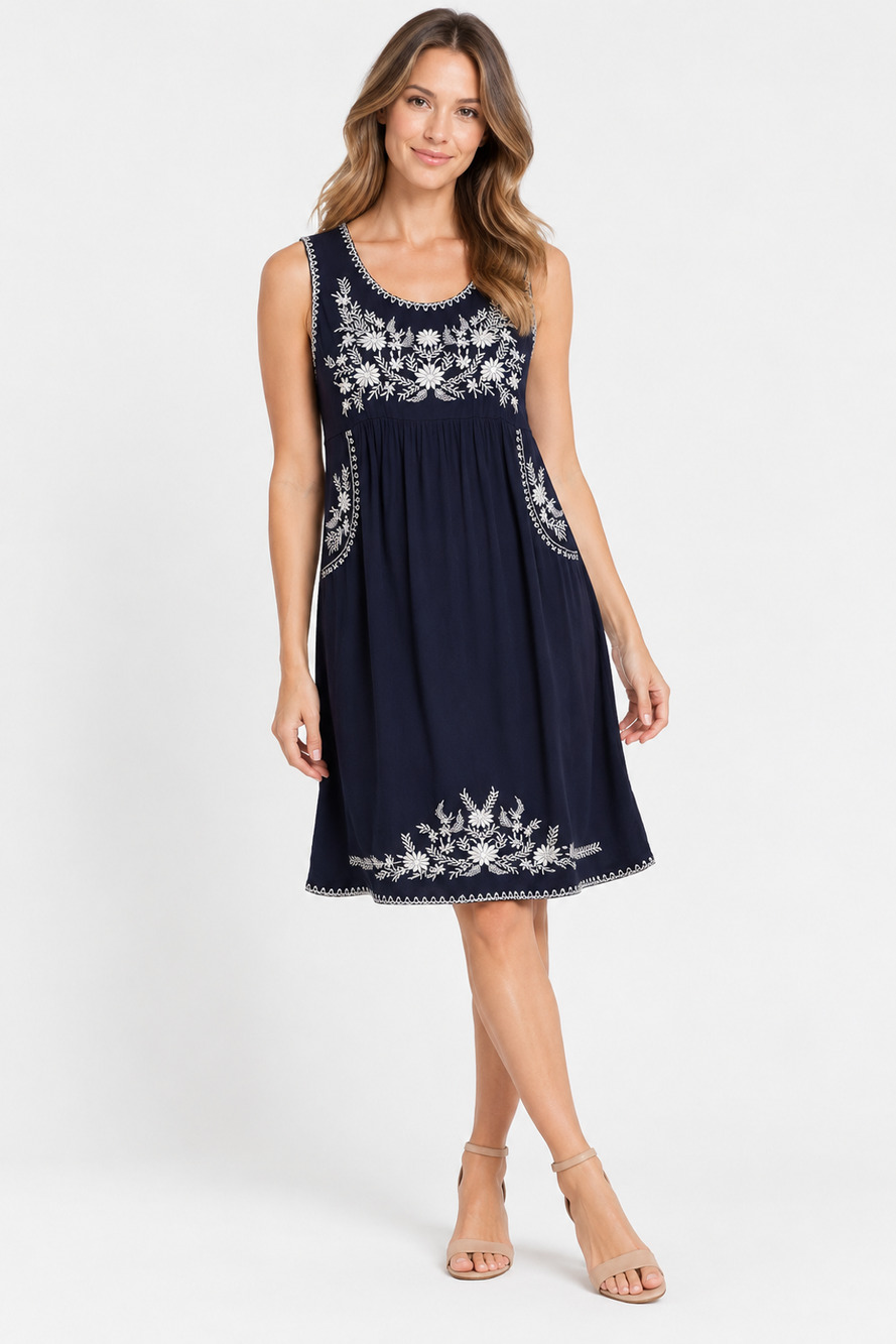 Chelsea & Theodore Dress Womens Petite Large Navy Embroidered Floral Sleeveless